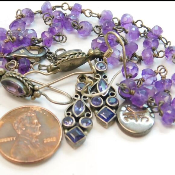 Artisan 925 Love Pendant Amethyst Bead Necklace & Faceted & Iolite Drop Earrings - Picture 8 of 8